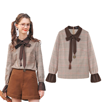MG小象格子雪纺衬衫女2018春款衬衣新款蝴蝶