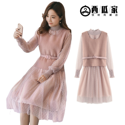 两件套连衣裙女春季2018新款韩版波点网纱长