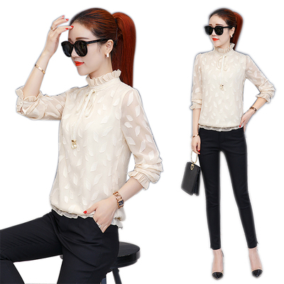春款小衫女2018新款女雪纺衫长袖蕾丝网纱打