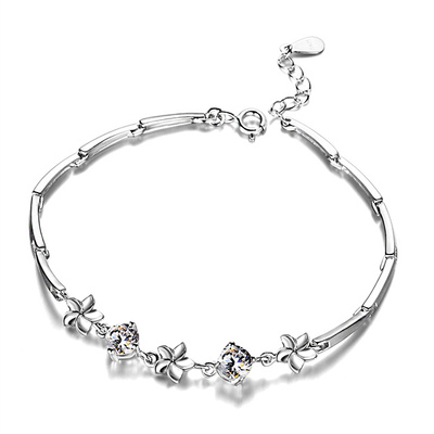 镶施华洛世奇锆银手链女韩版手镯简约个性四叶