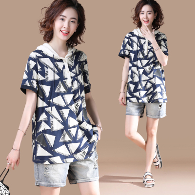 衣品乐原创大码中长款休闲印花连帽短袖ins超