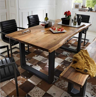 美式铁艺实木自然边餐桌椅复古西餐客厅休闲会议茶桌创意家具组合