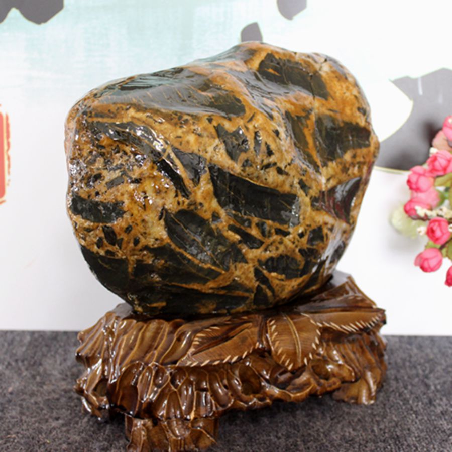 精品奇石金纹石 三江石图案石原石石头观赏石送底座包邮