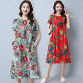 显瘦短袖 棉麻连衣裙 民族风印花中长款 女装 新品 裙夏装 胖mm宽松大码