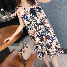 A44008复古花朵不规则摆棉麻连衣裙 2017夏季新品 韩国进口代购