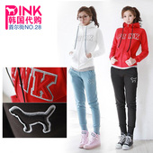 韩国代购女款秋冬韩版PINK正品加厚加绒纯棉运动卫衣长裤休闲套装