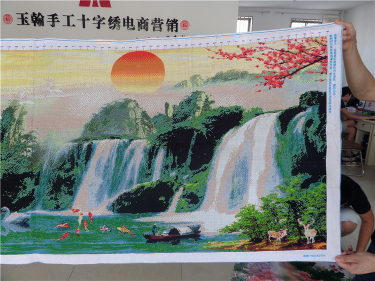 十字绣成品纯手工客厅大幅风景山水画旭日东升流水生财装饰画挂画