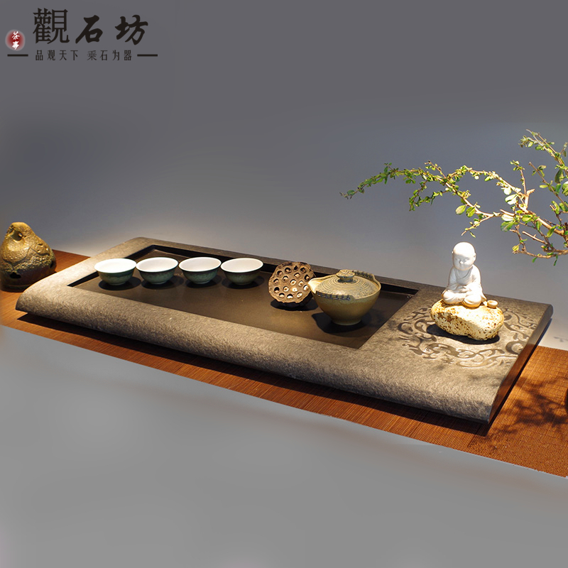 观石坊 石头茶盘乌金石大号天然石材茶具功夫黑金石茶台茶海 特价