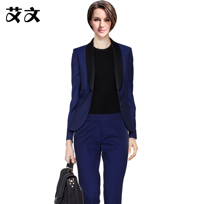 干练套装欧美时尚中性职业帅气女装蓝色西服九分裤大码两件套v167