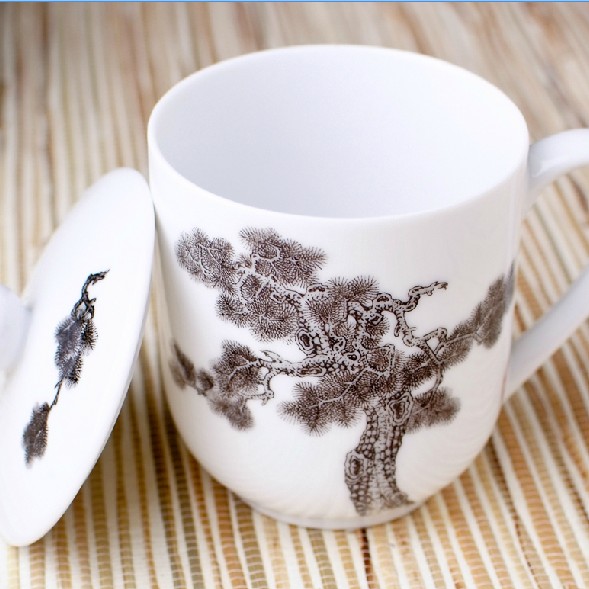 醴陵会议釉下彩茶杯 专用精致陶瓷杯子 老式手绘松树怀旧