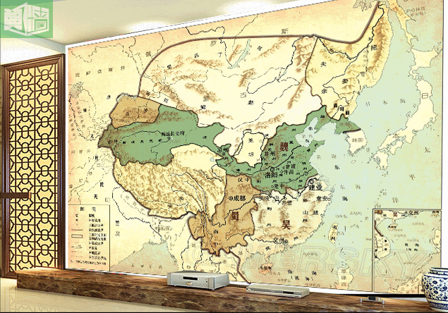 中国古代三国地图墙纸中式复古疆域地形图壁纸魏蜀吴分界战争地图