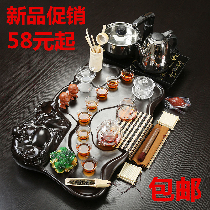 茶具套装四合一电磁炉实木茶盘整套紫砂冰裂功夫茶具家用简约茶盘