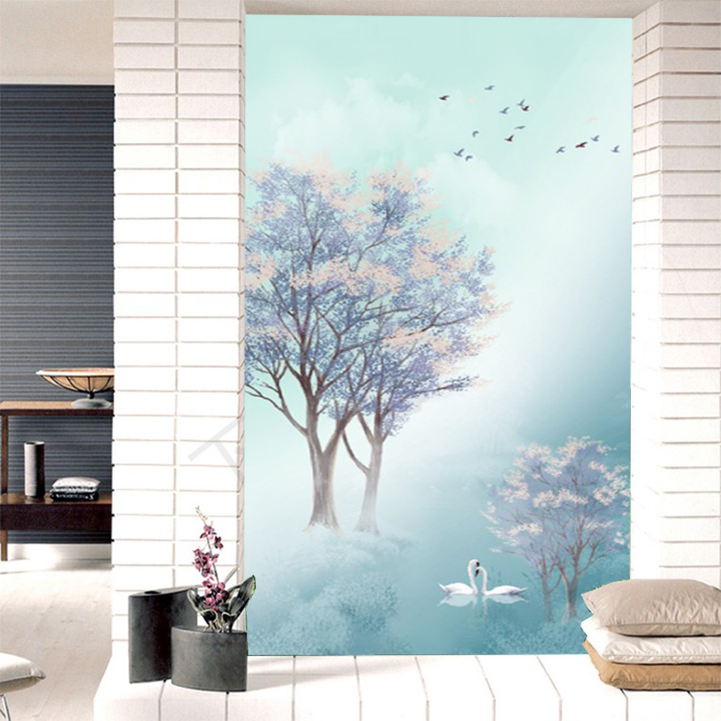 北欧现代简约唯美樱花树天鹅3d立体过道墙纸 玄关背景墙壁画竖版