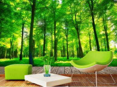 无缝3d立体墙纸壁纸壁画绿色树林阳光背景客厅卧室电视机沙发背景