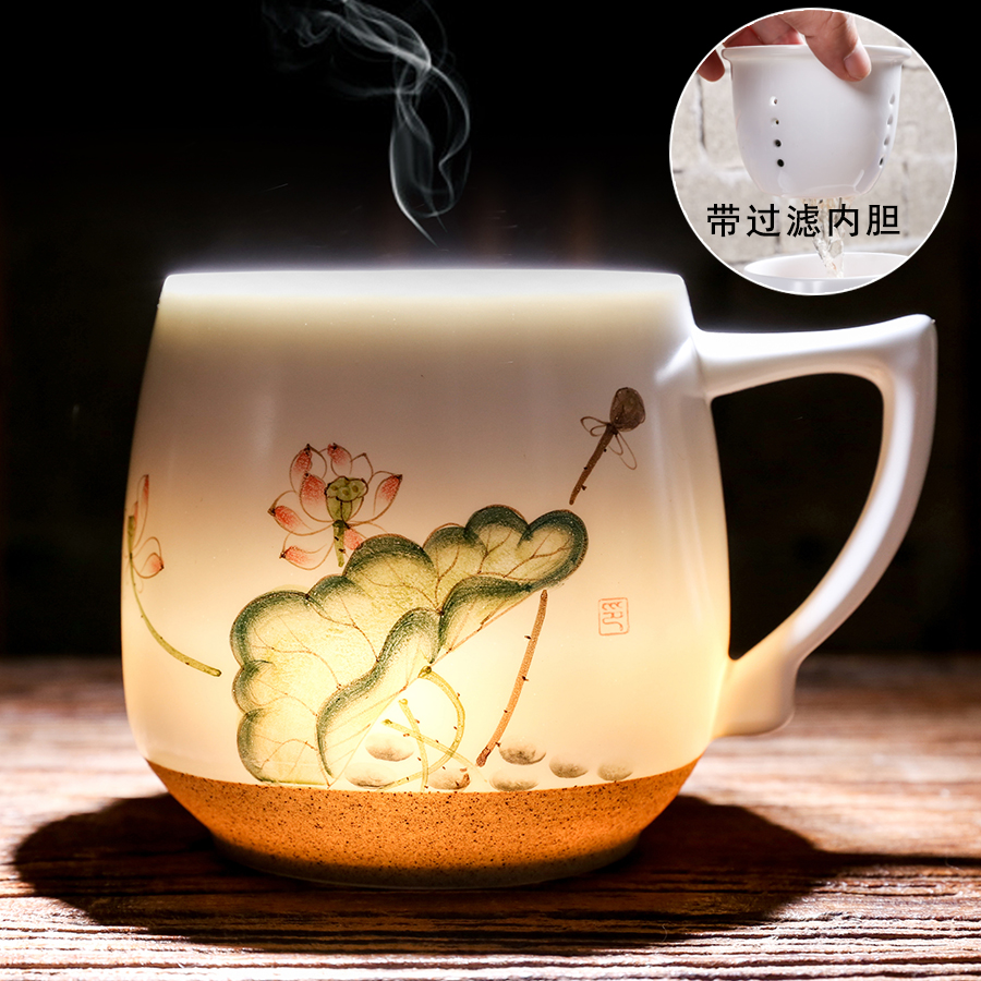 茶具景德镇手绘个人茶杯 带盖内胆过滤水杯 礼品办公马克杯子陶瓷