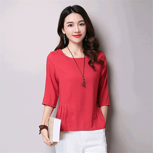 夏天棉麻衣服女装上衣韩版麻布衬衫女中袖韩范宽松简约纯色娃娃衫