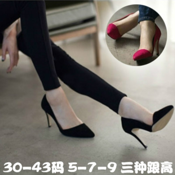 春秋小码女鞋31 32 33尖头高跟鞋黑色细跟绒面大码女单鞋40 41-43