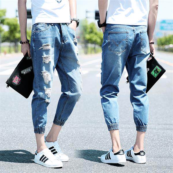 林弯弯夏装情侣破洞乞丐九分牛仔裤修身小脚大码束脚男潮9分裤子