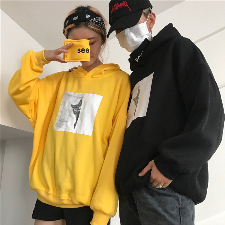原宿风宽松印花口罩韩国ins超火的卫衣加厚连帽bf创意情侣男女款