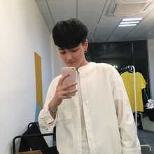 1CHEN / 夏季男装文艺小清新纯色亚麻七分袖百搭修身衬衫衬衣男~