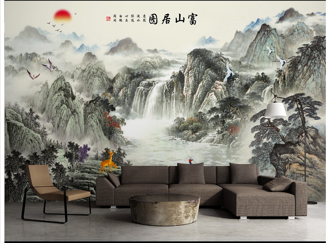 中式山水画电视沙发背景墙富春山居图3d壁画书房办公室大厅5d壁纸