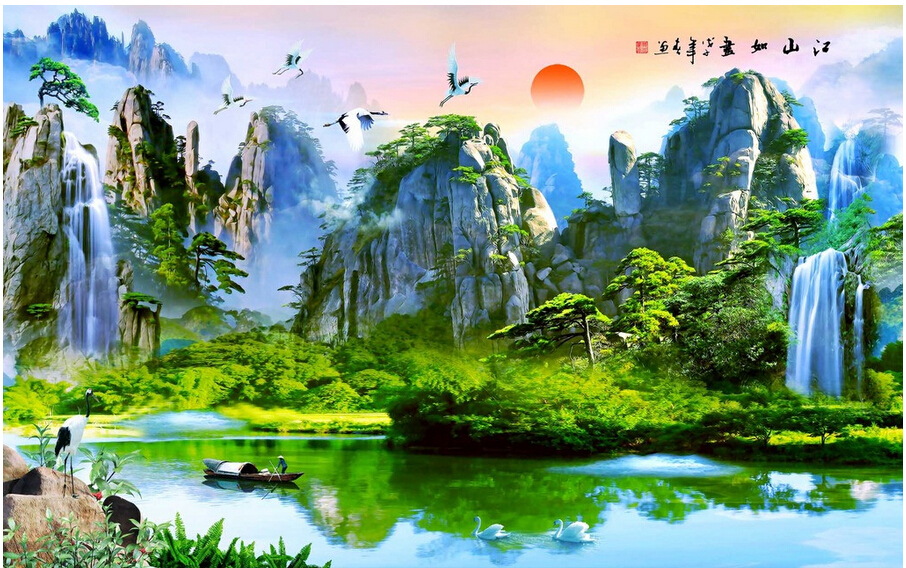 3d定制电视背景墙壁纸壁画江山如画山水高清电视背景墙
