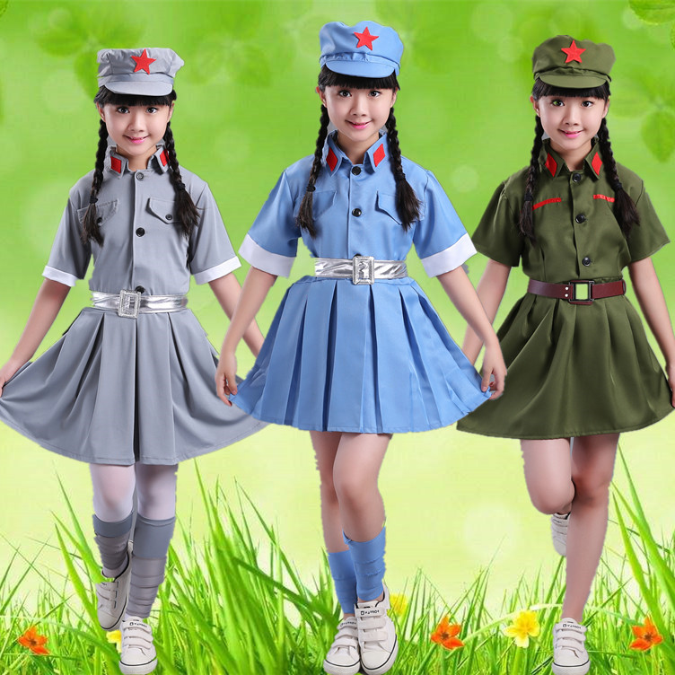 六一新款儿童小红军演出服装女童舞台连衣裙闪闪红星舞蹈弹力军装