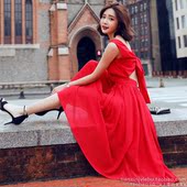 露背红色晚宴年会订婚派对显瘦中长款 背心连衣裙子小礼服 2017新款