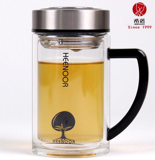 希诺正品带手柄玻璃杯 男女士商务高档双层透明保温耐热茶水杯子
