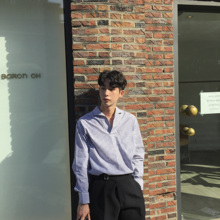 1CHEN /男士秋季韩版全棉宽松V领衬衣OVERSIZE条纹套头长袖衬衫男