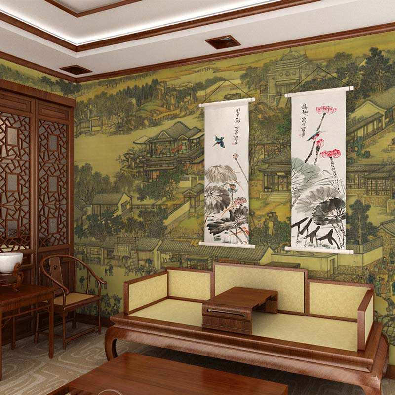 中式古典茶室茶楼清明上河图壁纸书房酒店会客厅背景墙纸饭店壁画