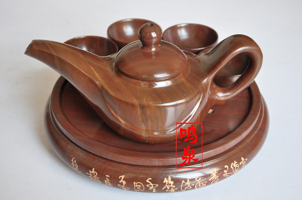 木鱼石茶具，纯天然木鱼石保健功夫茶具套装，杯子