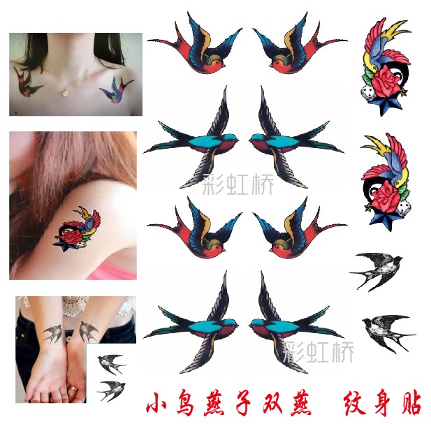 燕子纹身贴彩色小鸟双燕 小清新 翅膀手臂逼真个性防水女生纹身贴