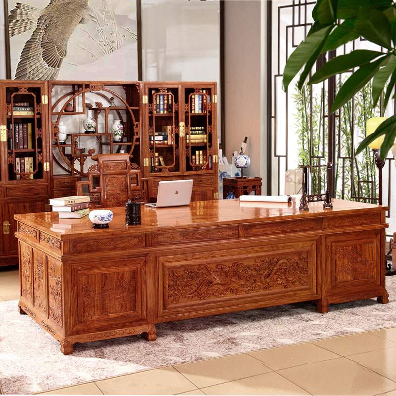 红木古典家具 非洲黄花梨 2.4米办公桌 仿古实木 大班台 老板桌