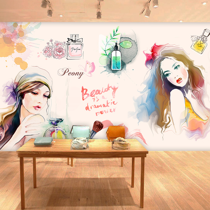 3d手绘水彩人物墙纸美容美甲店化妆品壁画韩式纹绣纹眉工作室壁纸