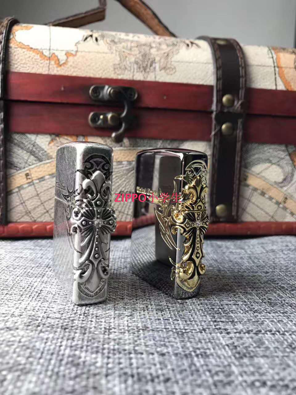 zippo打火机原装正品 韩版 古银 侧面镶钻圣天使十字架 专柜正版