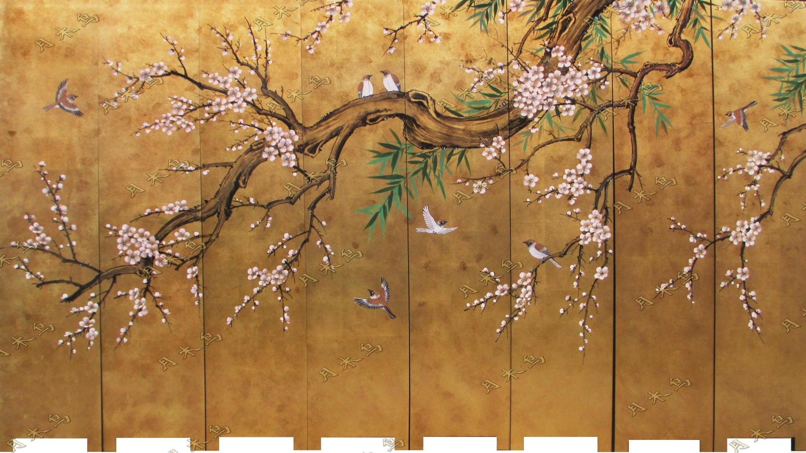 金箔做旧手绘梅花漆画屏风 家居酒店花鸟玄关隔断电视背景墙定做