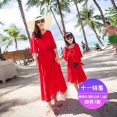 亲子沙滩裙夏2017海边度假显瘦母女连衣裙波西米亚女童长裙海滩裙