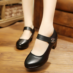 女鞋春秋妈妈鞋真皮中跟圆头单鞋中老年女士皮