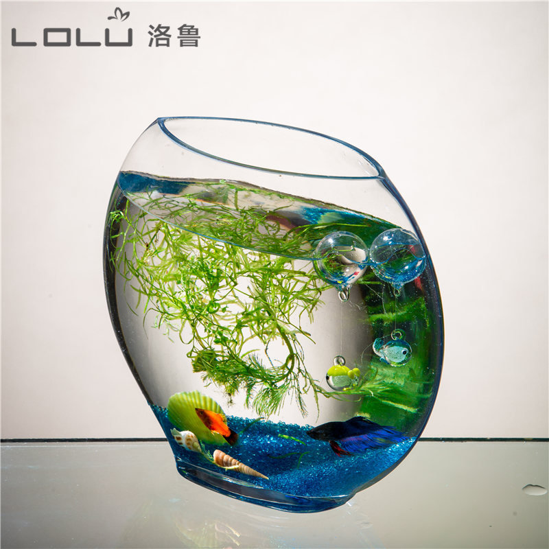 玻璃鱼缸圆形大号加厚扁圆形中号金鱼缸水族箱桌面造景生态水培缸
