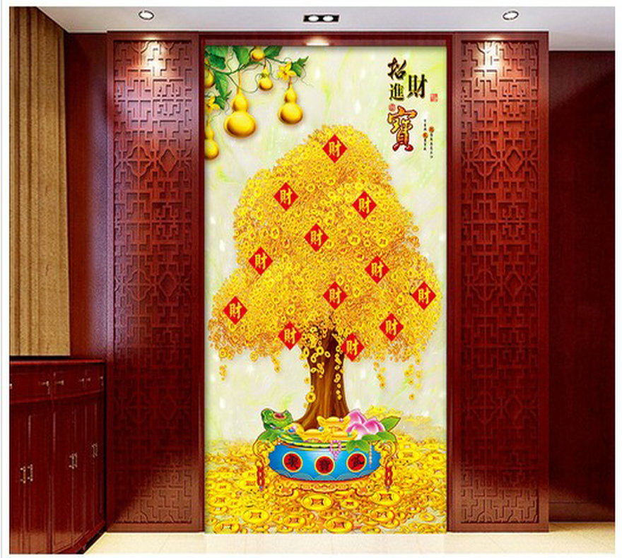 3d无缝壁画招财进宝聚宝盆黄金发财树玄关背景墙壁纸门厅立体墙纸