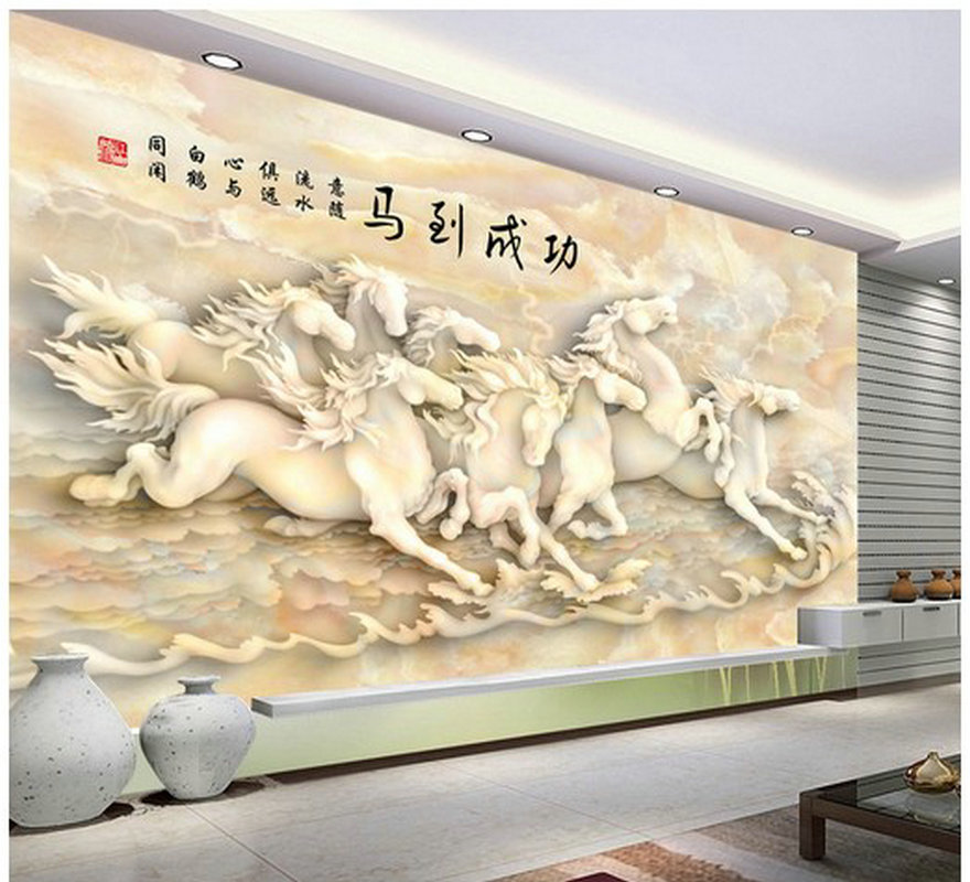 中式3d无缝壁画八骏图大理石立体墙纸客厅电视背景墙壁纸影视墙布