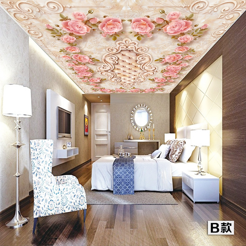 塞拉维大理石玫瑰花欧式天花板吊顶壁画壁纸客厅卧室房顶墙纸墙布