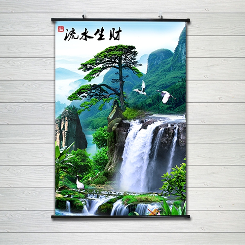 高山流水生财瀑布高清客厅书房玄关聚宝盆流水生财装饰风景挂画