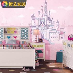 梦幻城堡 粉色公主房儿童房卡通壁纸甜美女孩卧室定制壁画
