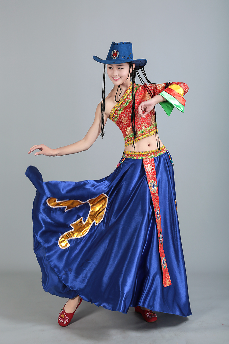 藏族舞蹈服演出服锅庄舞大摆裙少数民族表演服单袖斜肩服装藏民舞