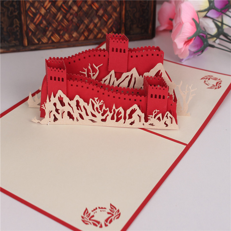 创意立体中国长城生日礼物元旦新年贺卡 手工中秋节纸雕新年卡片