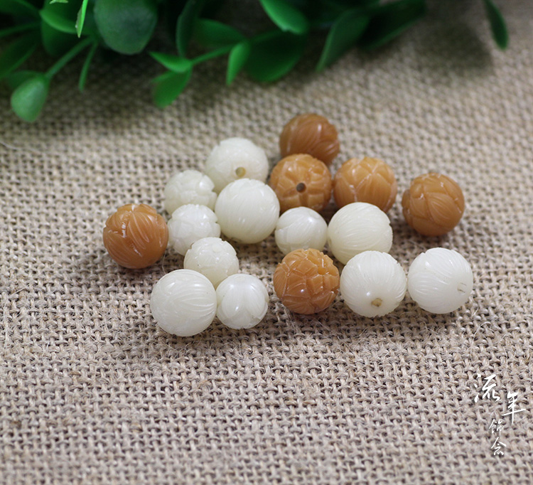 白莲 天然白菩提根菩提子雕莲花散珠子 纯白/风化 10/12mm