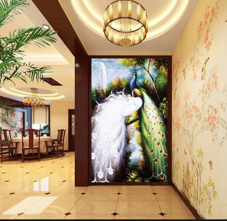 无缝整张壁纸电视墙背景壁纸壁画客厅玄关过道大型壁画白孔雀壁布