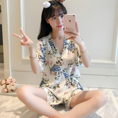 小清新家居服薄款 甜美夏天针织棉大码 夏季日系和服睡衣女花卉短袖